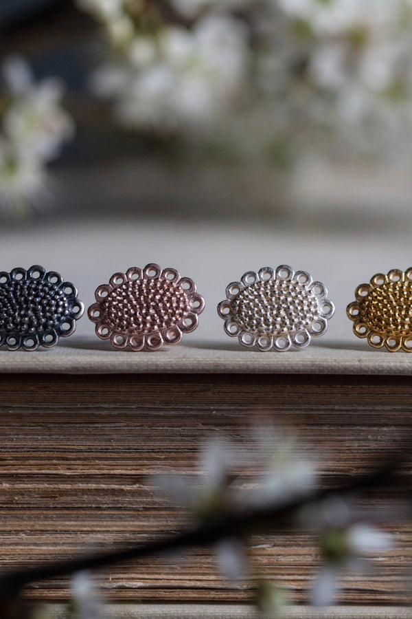 My Small Baroque Stud Earrings, inspired by antique lace, in different metals