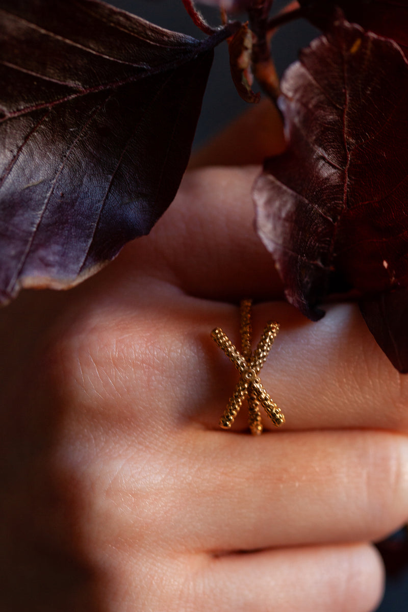 My Kiss Cross Ring is formed from a cross or kiss mounted on a simple band worn in gold plated silver