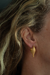 My Spot the Buddha Earrings worn in yellow gold plated silver sit directly under the ear 