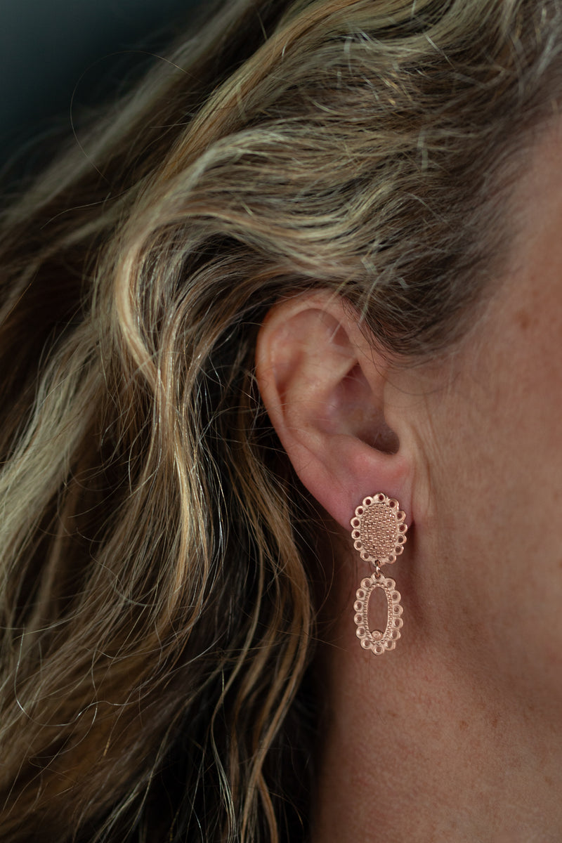 My Small Baroque 2 Part Drop Earrings worn in rose gold plated silver are inspired by antique lace