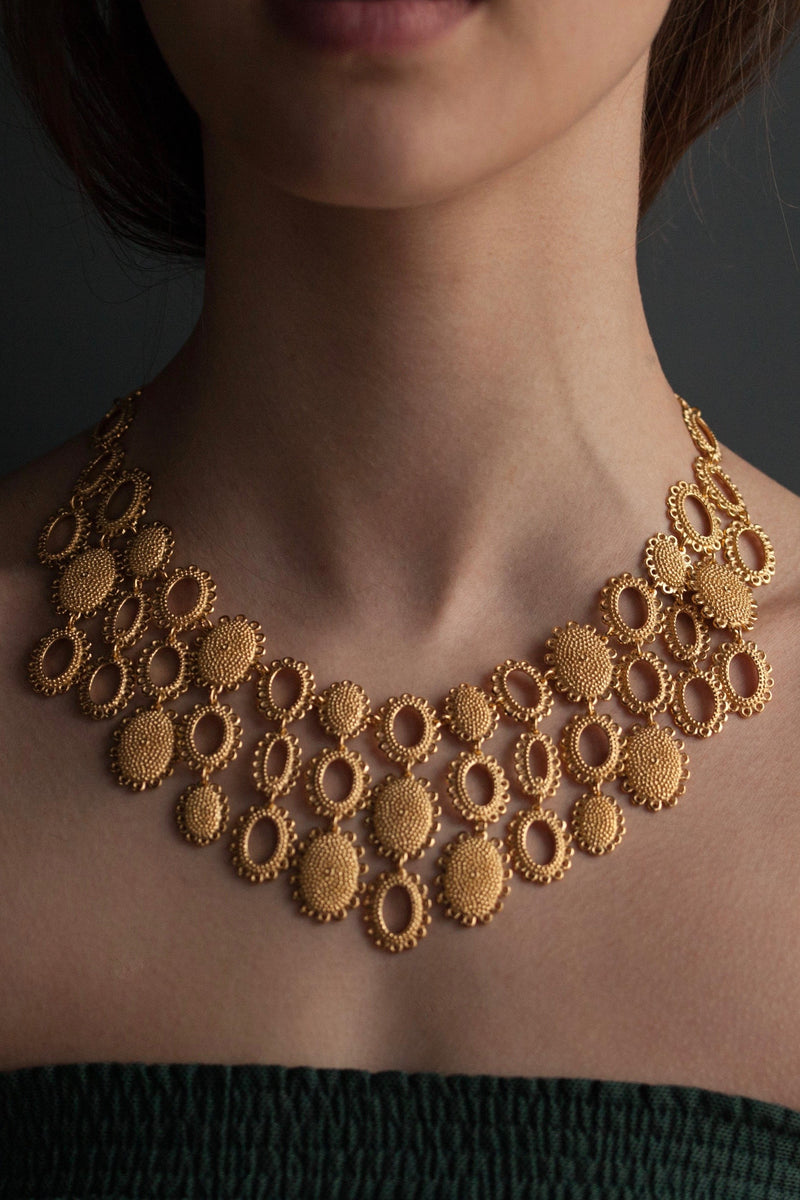 My Medium Baroque Collar Necklace worn in gold plated silver adds drama to any outfit