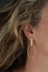 My Petal Oval Hoop Earrings worn by a model in yellow gold plated silver