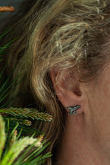 My Song Thrush Stud Earrings worn in oxidised silver nestle in the corner of your ears