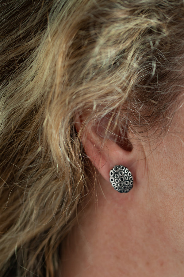 My Turtle Earrings worn in silver with oxidised silver detail
