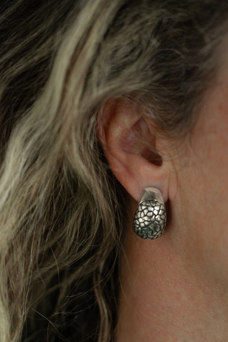 My Turtle Cup Earrings worn in silver with oxidised detail