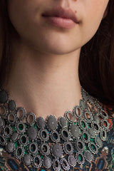 Close up of my Baroque Armour Necklace worn by a model was inspired by antique lace and ruffs 
