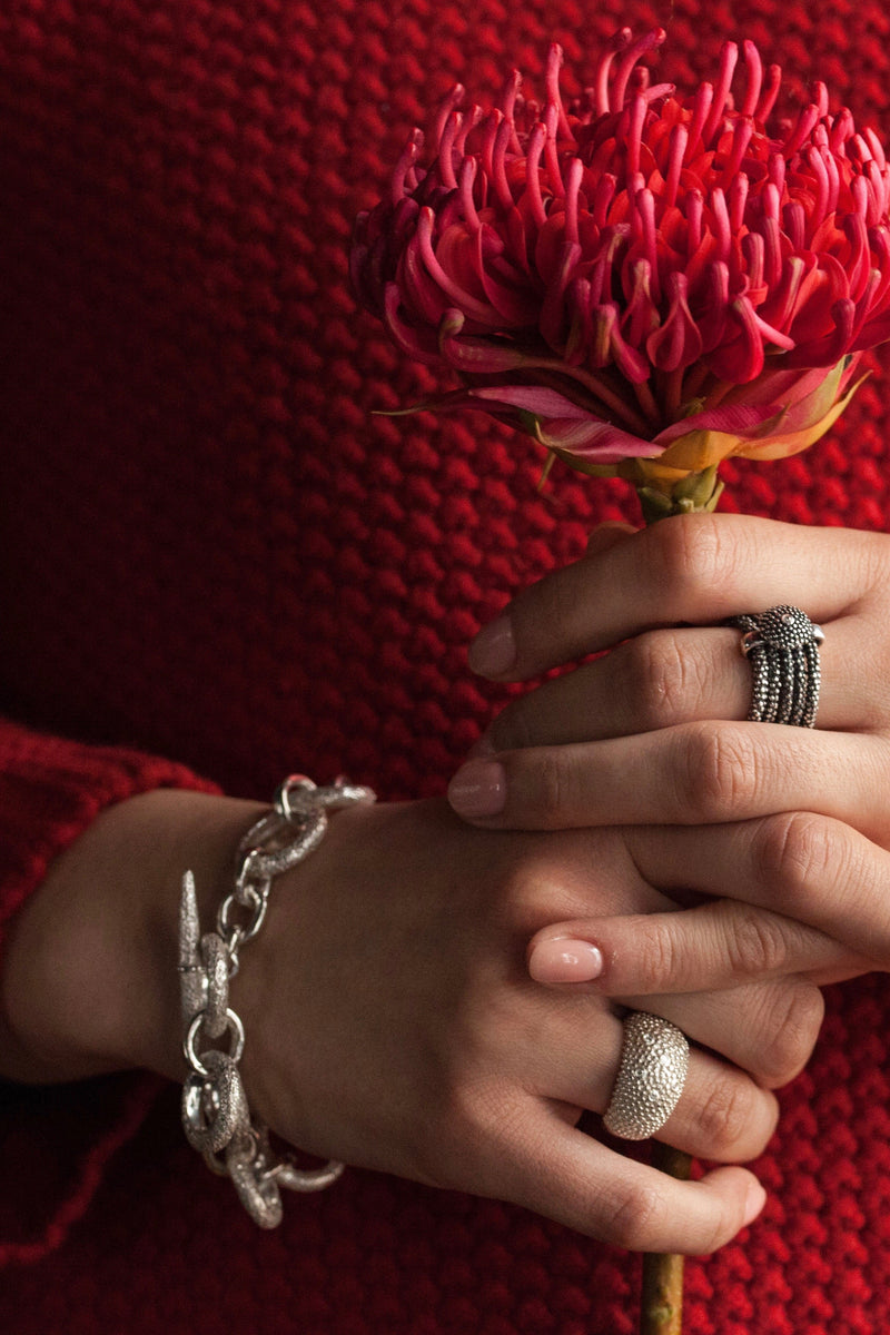 My chunky Bubble Ring worn in silver with other rings