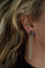 My Sunflower Studs with Detachable Chains worn by a model in oxidised silver