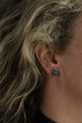 My Sunflower Studs with Detachable Chains stud only worn by a model in oxidised silver