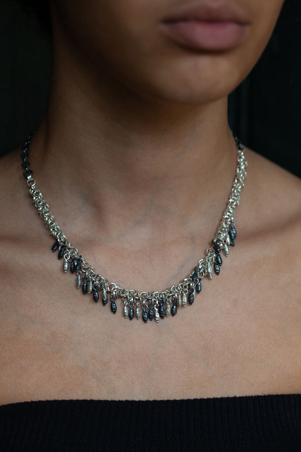 Multi Drop Rice Pearl Necklace - Silver and Oxidised Silver