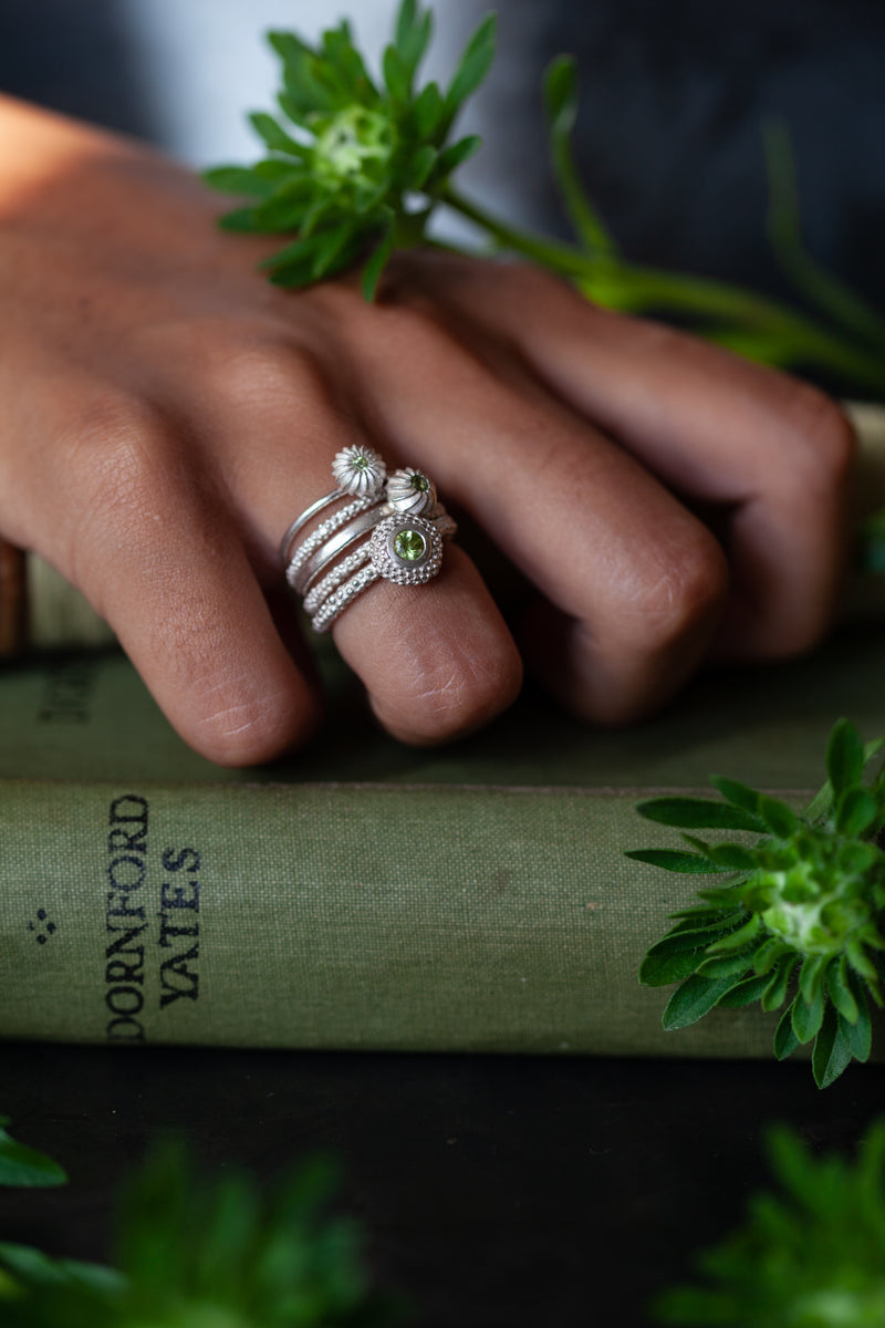 August Peridot Three Pollen and Two Midi Bobbled Stacking Ring Set
