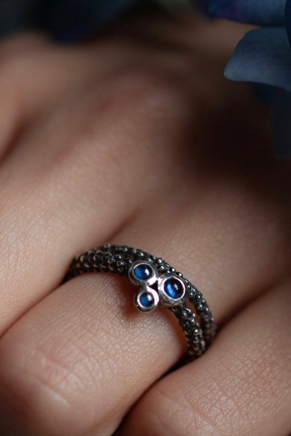 My Trio Sapphire Cabochon Cluster Ring worn in oxidised silver worn with a matching Midi Bobbled Band Stacking Ring