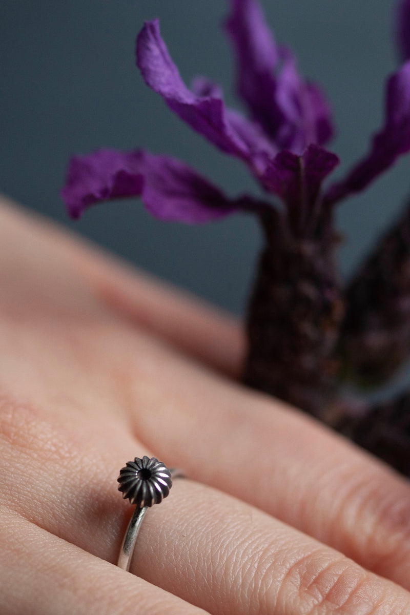 My Satsuma Stalk Stacking Ring in oxidised silver adds height worn alone or when grouped with other rings