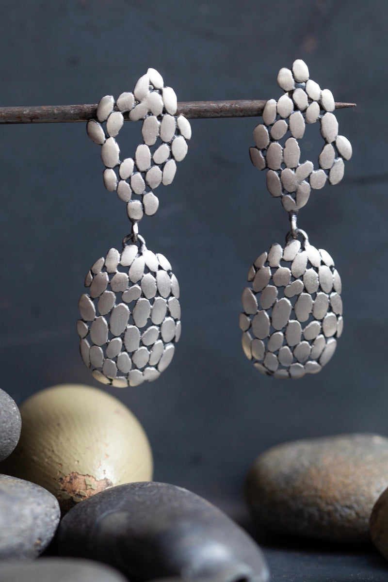 My Turtle Shell Drop Earrings are two-part earrings that combine silver and oxidised silver into turtle shell-like design