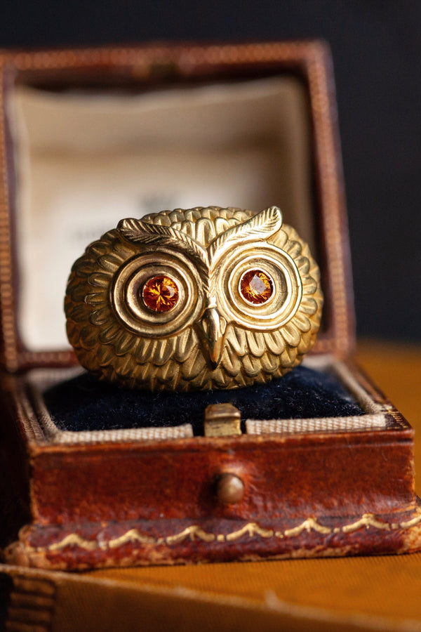 A statement Owl Ring, inspired by Harry Potter's owl Hedwig, with Yelow Sapphire eyes