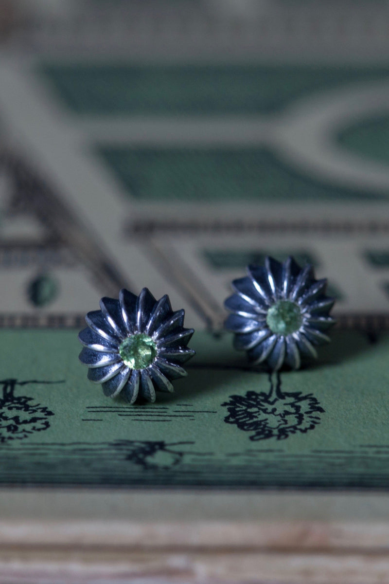 My October Green Tourmaline Birthstone Satsuma Studs are subtly striped and set with gemstones