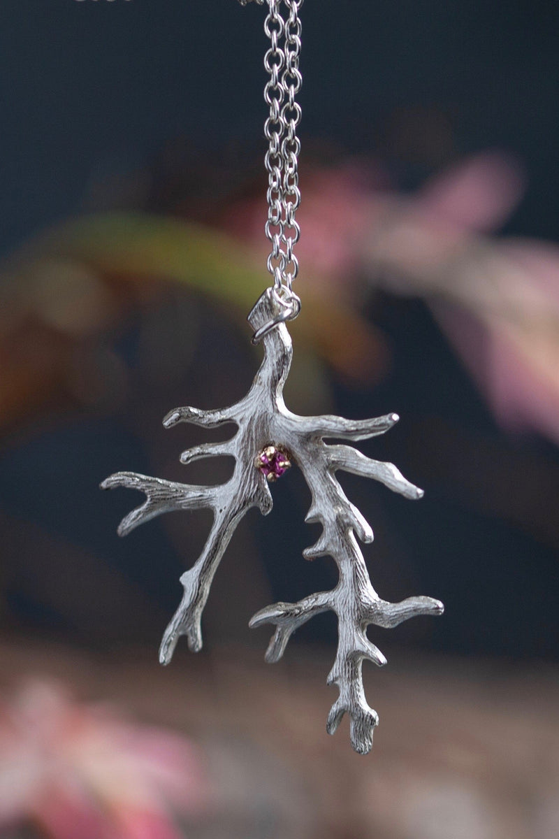 My branch pendant, with a Pink Tourmaline October's birthstone, on a delicate trace chain