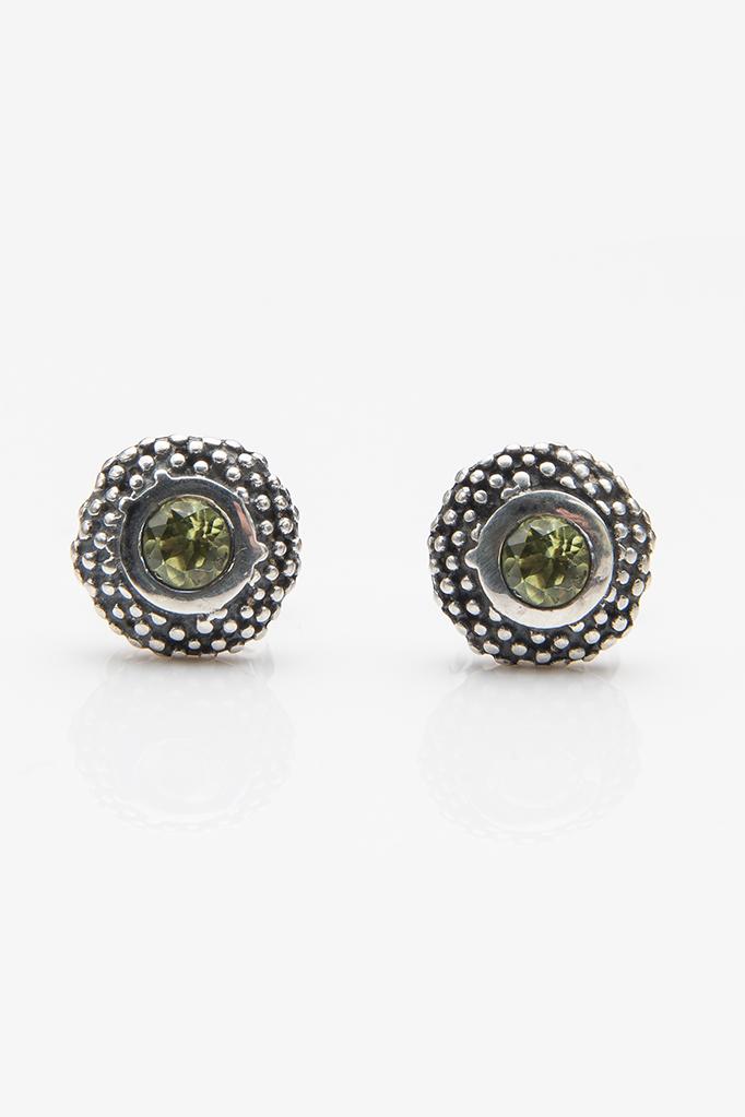 My August Peridot Bobbled Pollen Stud Earrings in oxidised silver