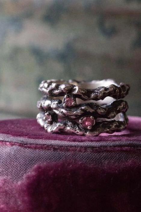My Branch Ring with Tourmalines in oxidised silver set with 3 pink gemstones