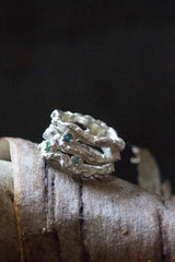 My Branch Ring with Tourmalines in silver set with 3 green gemstones