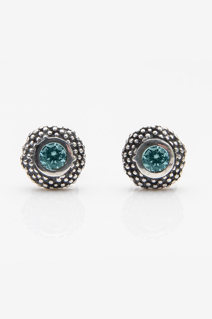 My October Blue Tourmaline Bobbled Pollen Stud Earrings in oxidised silver