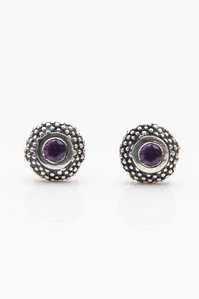 My February Amethyst Bobbled Pollen Stud Earrings in oxidised silver