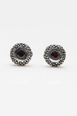 My January Red Garnet Bobbled Pollen Stud Earrings in oxidised silver