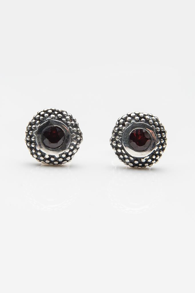 My January Red Garnet Bobbled Pollen Stud Earrings in oxidised silver