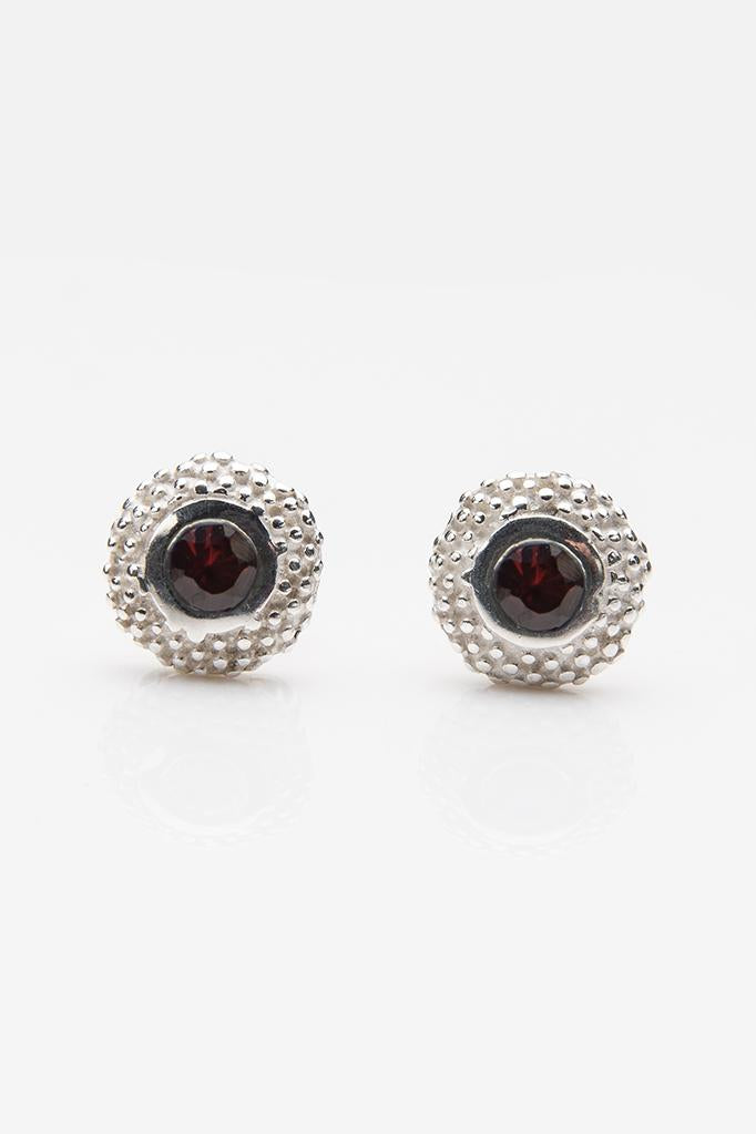 My January Red Garnet Bobbled Pollen Stud Earrings in silver