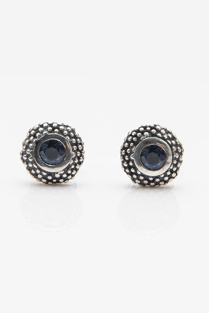 My September Sapphire Bobbled Pollen Stud Earrings in oxidised silver